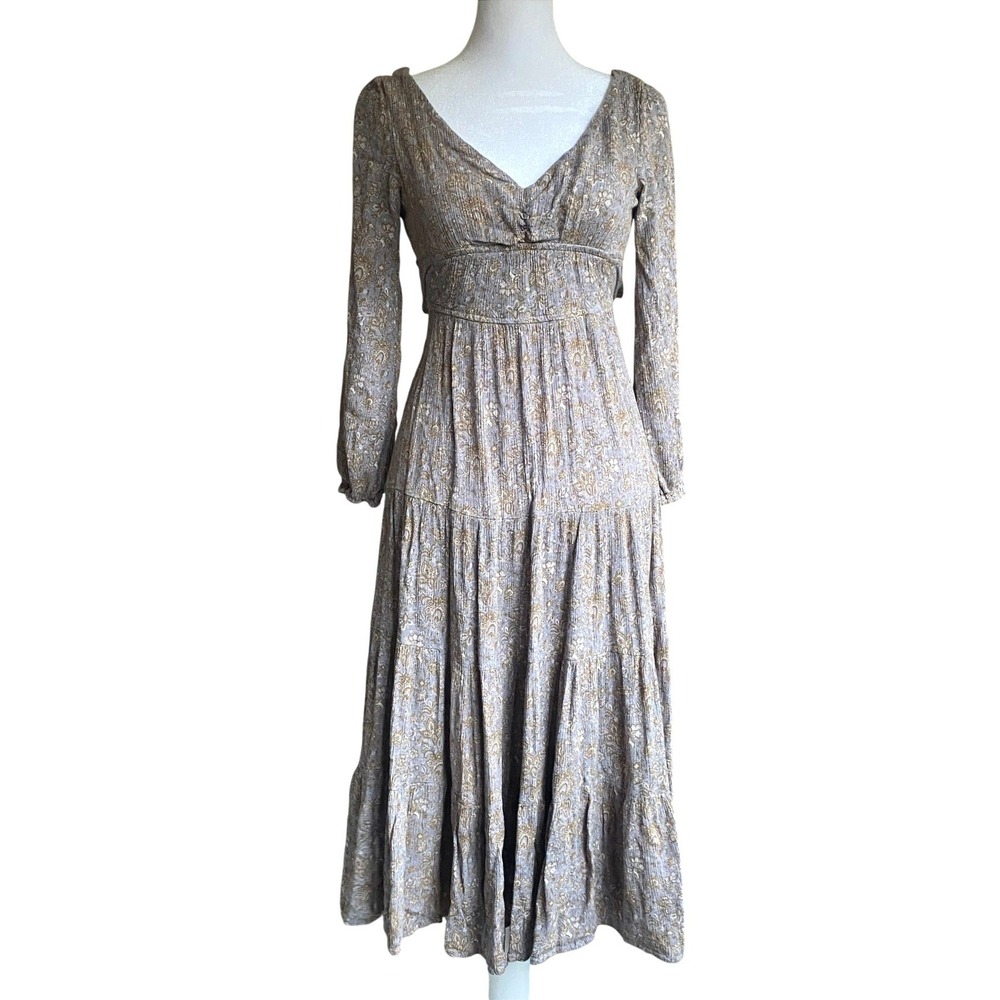 Milkmaid Floral Paisley Brown Tiered Midi Dress Small Boho Femme Spring Prairie